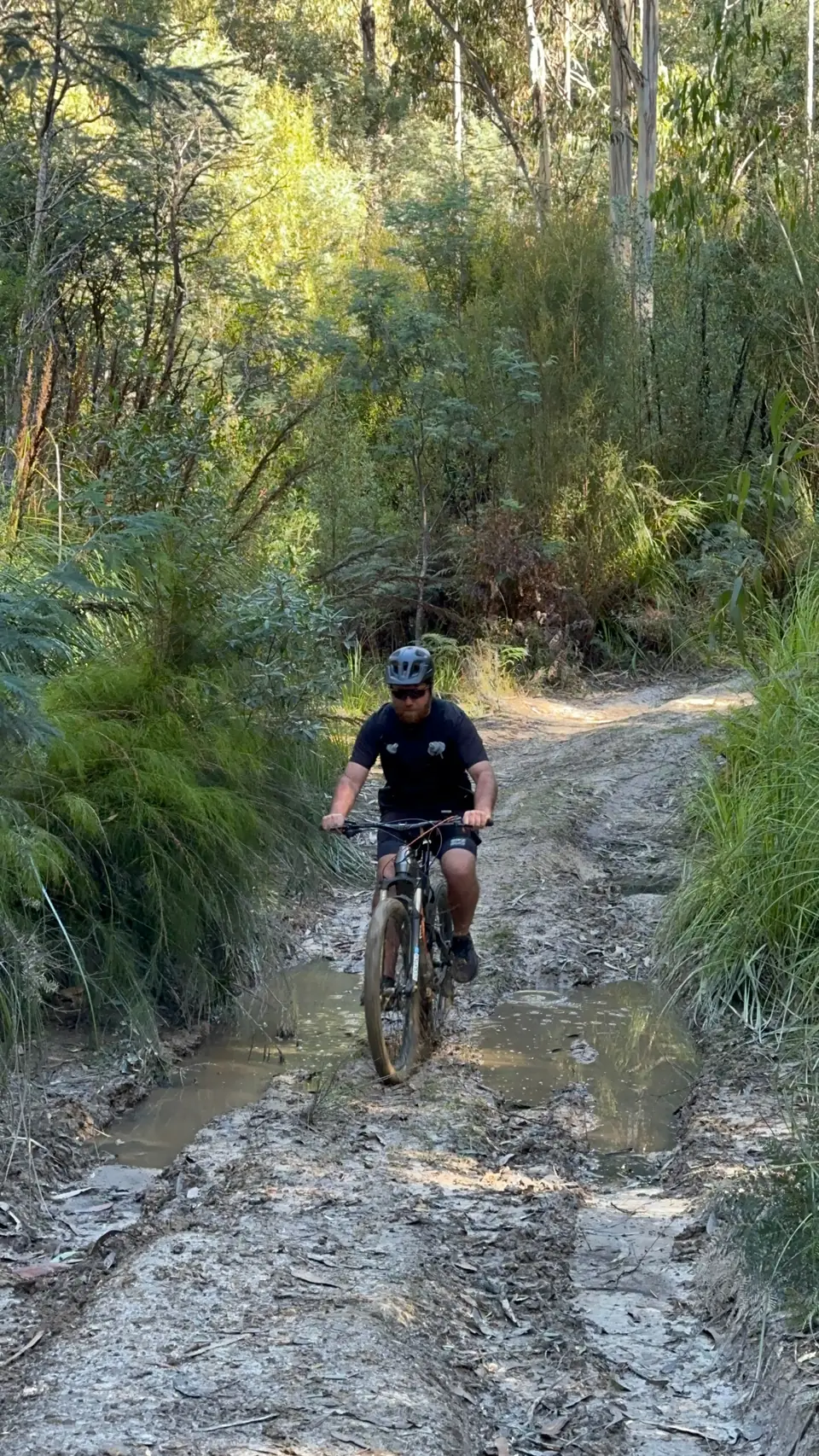 A helmeted rider guiding a Roar through a muddy forest track